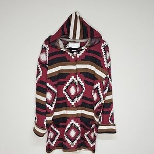 Vtg Adrienne Vittadini Sport Knit Cardigan Hoodie, Aztec Burgundy Black, Size M